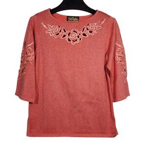 Bob Mackie Wearable Art Cut-Out Top Women's XS Salmon Coral Floral 3/4 Sleeve